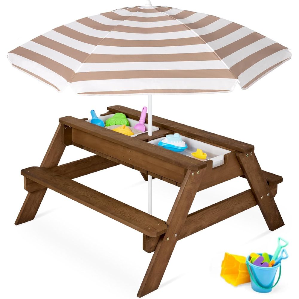 Kids Outdoor Water Table - Kids Picnic Table with Umbrella, 3-in-1